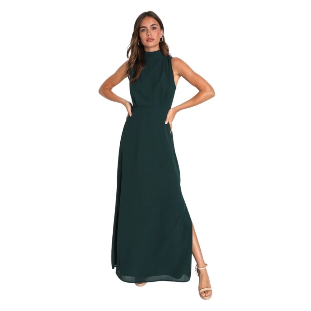 Lulu's Classic Elegance Emerald Chiffon Sleeveless Mock Neck Maxi Dress
